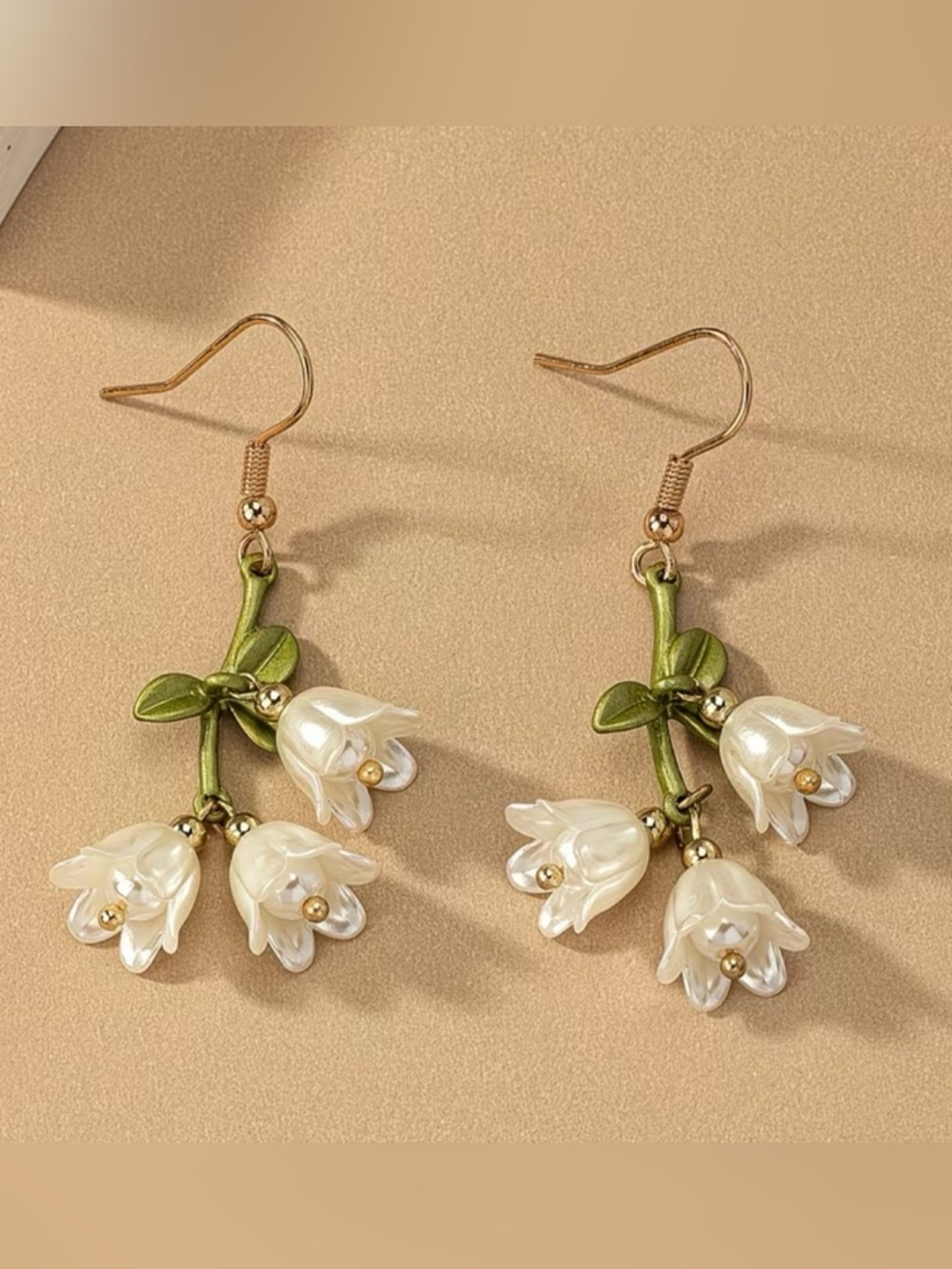 Pearl White Flower Drop Earrings with Green Stems